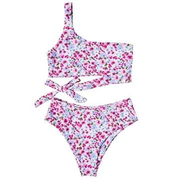 MOOSLOVER Women One Shoulder High Waisted Bikini Tie High Cut Two Piece Swimsuits(XL,Pink White Flower-8)