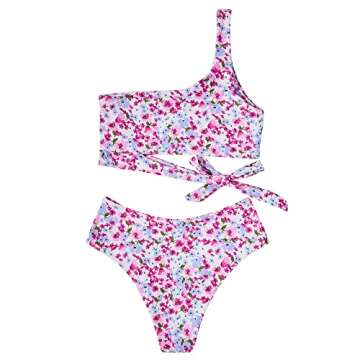 MOOSLOVER Women One Shoulder High Waisted Bikini Tie High Cut Two Piece Swimsuits(XL,Pink White Flower-8)