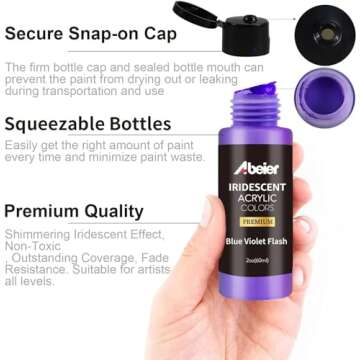 ABEIER Iridescent Acrylic Paint, Set of 18 Chameleon Colors, 2 oz/60ml Bottles, Color-shifting, Non-Toxic, High Viscosity, Blendable, Paints on Rocks Crafts Canvas Wood, Fabric, Ceramic & Stone