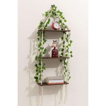 WOOD MEETS COLOR 3 Tier Macrame Wall Hanging Shelves with Artificial Ivy Leaves,Boho Room Decor Handmade Cotton Rope,Wooden Hanging Storage Floating Shelves for Small Plants,Living Room Bedroom