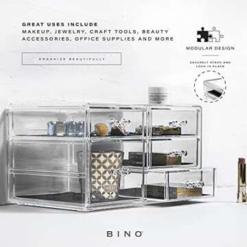 BINO | 5-Drawer Makeup Organizer, Lexington Avenue | THE MANHATTAN SERIES | Modular Design Storage Drawers | Vanity Acrylic Organizers | Stackable Storage Bins | Clear Makeup Organizers And Storage