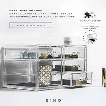 BINO | 5-Drawer Makeup Organizer, Lexington Avenue | THE MANHATTAN SERIES | Modular Design Storage Drawers | Vanity Acrylic Organizers | Stackable Storage Bins | Clear Makeup Organizers And Storage