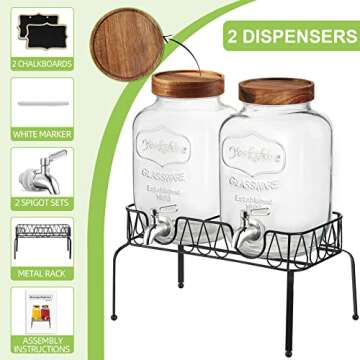 NETANY 1-Gallon Glass Drink Dispenser with Stand, 18/8 Stainless Steel Spigot, Wooden Lid - [2 Pack] Glass Beverage Dispensers for Parties - Mason Jar Drink Dispensers with Lids, Wooden Chalkboards