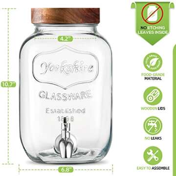NETANY 1-Gallon Glass Drink Dispenser with Stand, 18/8 Stainless Steel Spigot, Wooden Lid - [2 Pack] Glass Beverage Dispensers for Parties - Mason Jar Drink Dispensers with Lids, Wooden Chalkboards