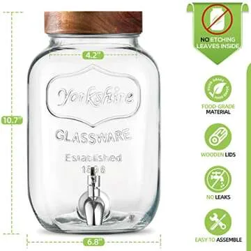 NETANY 1-Gallon Glass Drink Dispenser with Stand, 18/8 Stainless Steel Spigot, Wooden Lid - [2 Pack] Glass Beverage Dispensers for Parties - Mason Jar Drink Dispensers with Lids, Wooden Chalkboards