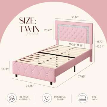 HOMBCK Twin Bed Frame, Pink Upholstered Bed Frame with Diamond Tufted Headboard, Girls Twin Bed Fram...