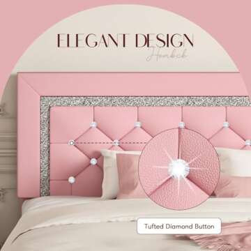 HOMBCK Twin Bed Frame, Pink Upholstered Bed Frame with Diamond Tufted Headboard, Girls Twin Bed Frame with Faux Leather Headboard & Footboard, Wooden Slats Support, No Box Spring Needed