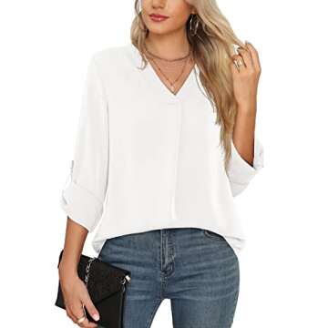 QUEZHU Blouses for Women Business Casual 3/4 Sleeve Chiffon V Neck Blouses Elegant Flowy Work Shirts...