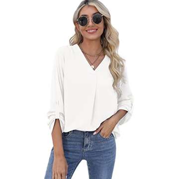 QUEZHU Blouses for Women Business Casual 3/4 Sleeve Chiffon V Neck Blouses Elegant Flowy Work Shirts,White,Small