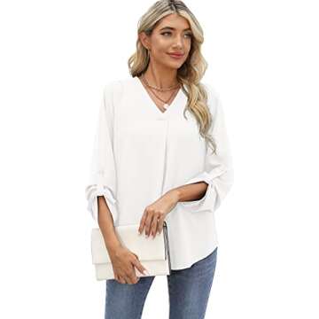 QUEZHU Blouses for Women Business Casual 3/4 Sleeve Chiffon V Neck Blouses Elegant Flowy Work Shirts,White,Small