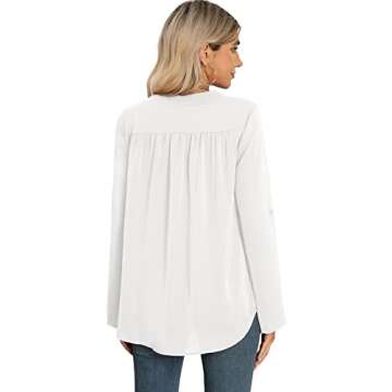 QUEZHU Blouses for Women Business Casual 3/4 Sleeve Chiffon V Neck Blouses Elegant Flowy Work Shirts,White,Small