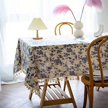 YUURAINVUVU French Vintage Blue Rose Floral Cotton Linen Fabric, Stitching Tassel Rectangle Tableclo...