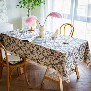 YUURAINVUVU French Vintage Blue Rose Floral Cotton Linen Fabric, Stitching Tassel Rectangle Tablecloth for Kitchen | Dining | Tabletop | Decoration | Tea Party | Farmhouse (55x70 Inches)