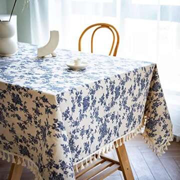 YUURAINVUVU French Vintage Blue Rose Floral Cotton Linen Fabric, Stitching Tassel Rectangle Tablecloth for Kitchen | Dining | Tabletop | Decoration | Tea Party | Farmhouse (55x70 Inches)