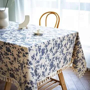 YUURAINVUVU French Vintage Blue Rose Floral Cotton Linen Fabric, Stitching Tassel Rectangle Tablecloth for Kitchen | Dining | Tabletop | Decoration | Tea Party | Farmhouse (55x70 Inches)