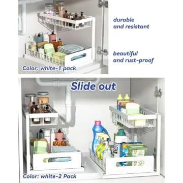 Merrylun Under Sink Organizers, 2 Pack Metal Pull Out Under Sink Organizers and Storage Shelves with...