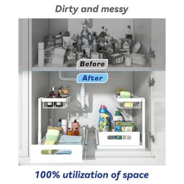Merrylun Under Sink Organizers, 2 Pack Metal Pull Out Under Sink Organizers and Storage Shelves with Sliding Drawer, Under Sink Storage for Kitchen, Bathroom, White, 2 Pack…