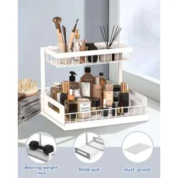 Merrylun Under Sink Organizers, 2 Pack Metal Pull Out Under Sink Organizers and Storage Shelves with Sliding Drawer, Under Sink Storage for Kitchen, Bathroom, White, 2 Pack…