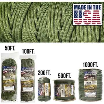 TOUGH-GRID Premium 750lb Paracord Rope - Made in USA - 100% Nylon Type IV Mil-Spec - UV & Abrasion Resistant - Heavy Duty Strands - Outdoor Survival Rope - Used by US Military - 50Ft. - Camo Green