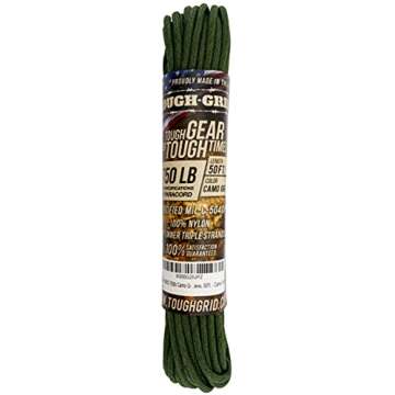 TOUGH-GRID Premium 750lb Paracord Rope - Made in USA - 100% Nylon Type IV Mil-Spec - UV & Abrasion Resistant - Heavy Duty Strands - Outdoor Survival Rope - Used by US Military - 50Ft. - Camo Green