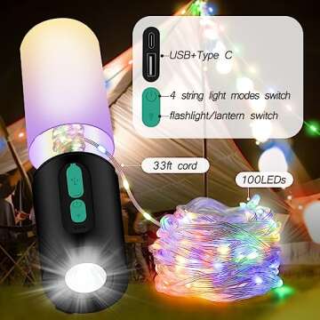 Color String Lights + Camping Lantern Flashlight: 33FT Camping String Lights with 4000mAh Power Bank, Waterproof LED Camping Lights, Portable Tent Lights for Camping Power Outage Emergency Home