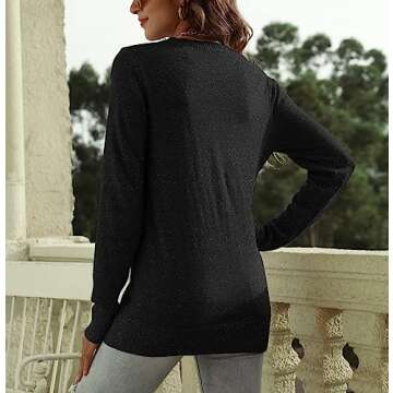 DUTUT Women's Long Sleeve Glitter Tops Crewneck Pullover Sweater Basic Casual Solid Color Tunic Tops Fall Soft Sweater Black