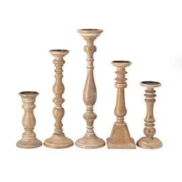 IMAX Mason Natural Wash Wood Candleholders - Set of 5 Vintage Candle Stands for Home Decor