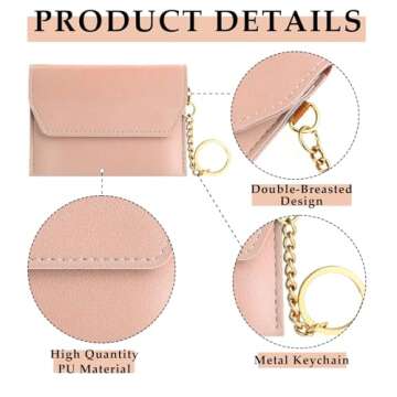 Andibro Leather Card Holder, Handmade Vintage Coin Purse Slim Business Card Case with Metal Keychain Pocket Card Organizer(Pink)
