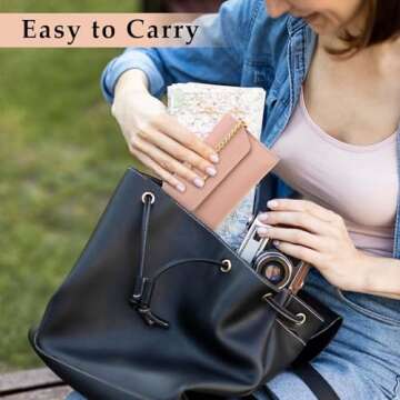 Andibro Leather Card Holder, Handmade Vintage Coin Purse Slim Business Card Case with Metal Keychain Pocket Card Organizer(Pink)