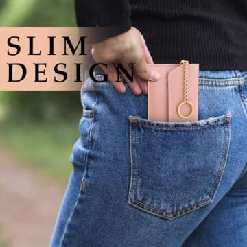 Andibro Leather Card Holder, Handmade Vintage Coin Purse Slim Business Card Case with Metal Keychain Pocket Card Organizer(Pink)