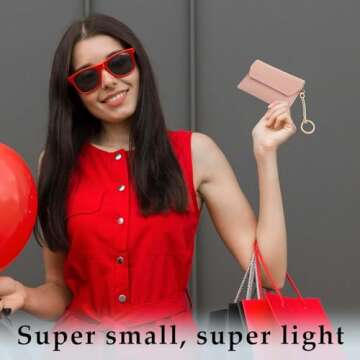 Andibro Leather Card Holder, Handmade Vintage Coin Purse Slim Business Card Case with Metal Keychain Pocket Card Organizer(Pink)