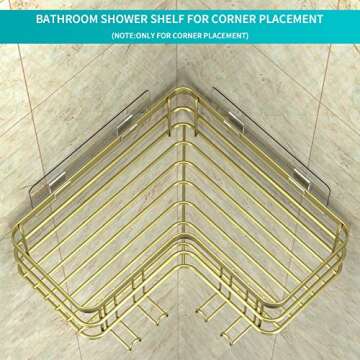 Yazoni Corner Shower Caddy, Adhesive Shower Shelves No Drilling [2-Pack], Rustproof Stainless Steel Bathroom Shower Organizer with 8 Hooks, Shower Shelf for Inside Shower (Gold)