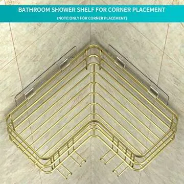 Yazoni Corner Shower Caddy, Adhesive Shower Shelves No Drilling [2-Pack], Rustproof Stainless Steel Bathroom Shower Organizer with 8 Hooks, Shower Shelf for Inside Shower (Gold)