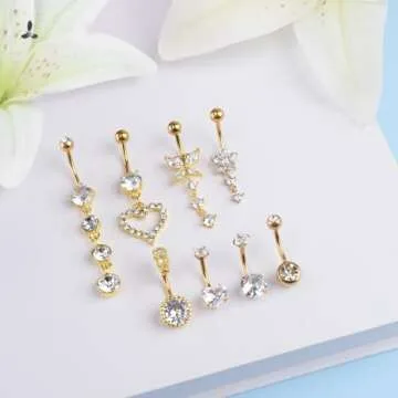 LEE&RO Gold Belly Button Ring Dangle Stainless Steel Belly Rings 14G Belly Button Piercing Cute Navel Ring Belly Piercing Jewelry
