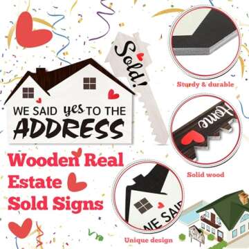 SweetMind 2 PCS Extra Large Real Estate Sold Signs, Wooden Double-Sided Social Media Photo Props, We Said Yes to the Address House Shaped and Home Sweet Key Wood Closing Gift for Homeowner Realtor