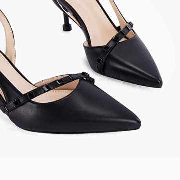 Coutgo Womens Low Kitten Heels Closed Pointed Toe Dress Shoes Slingback D'Orsay Rivets Buckle Elegant Wedding Pumps Black
