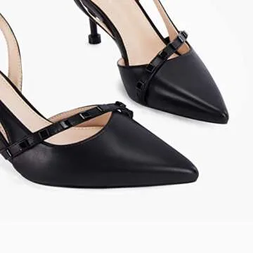 Coutgo Womens Low Kitten Heels Closed Pointed Toe Dress Shoes Slingback D'Orsay Rivets Buckle Elegant Wedding Pumps Black