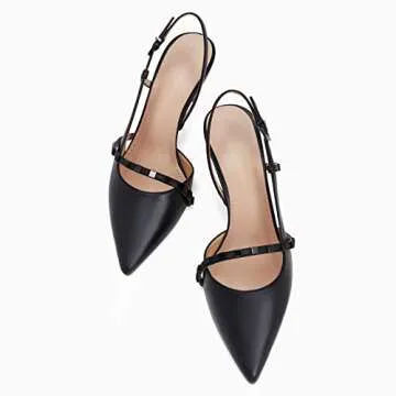 Coutgo Womens Low Kitten Heels Closed Pointed Toe Dress Shoes Slingback D'Orsay Rivets Buckle Elegant Wedding Pumps Black
