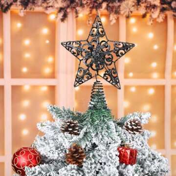 Aneco 10 Inches Metal Glittered Christmas Tree Topper Star Treetop Decoration for Christmas Home Decor, Black