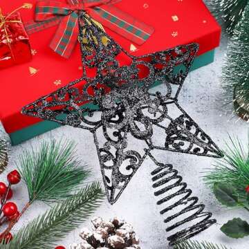Aneco 10 Inches Metal Glittered Christmas Tree Topper Star Treetop Decoration for Christmas Home Decor, Black