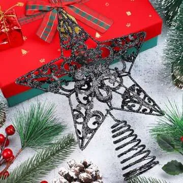 Aneco 10 Inches Metal Glittered Christmas Tree Topper Star Treetop Decoration for Christmas Home Decor, Black