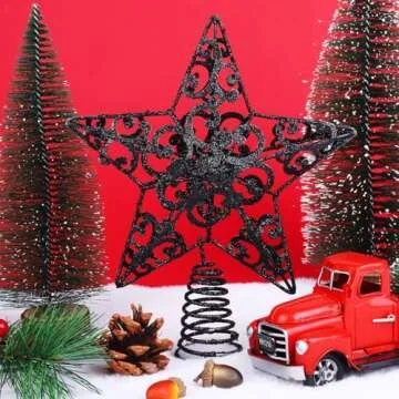 Aneco 10 Inches Metal Glittered Christmas Tree Topper Star Treetop Decoration for Christmas Home Decor, Black