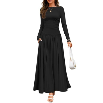 ZESICA Women's Long Sleeve Spring Maxi Dress - Elegant Knit Design with Pockets