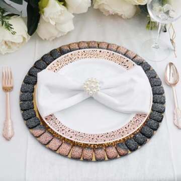 Efavormart 2 Pack | 13" Mirror Glass Charger Plates with Glitter Jeweled Rim for Catering Events, We...