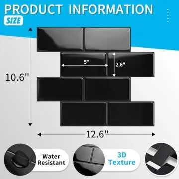 Art3d Peel and Stick Backsplash, 10-Pack Thickened Stick on Subway Tiles, Faux Ceramic Tiles for Kitchen, Bathroom, Black