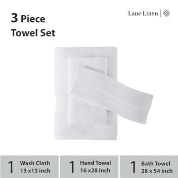LANE LINEN Luxury Bath Towels Set - 3 Piece 100% Cotton Bathroom Towels, Quick Dry, Extra Aborbent, Super Soft Towels Set 1 Hand Towel, 1 Wash Cloths, 1 Bath Towel, White