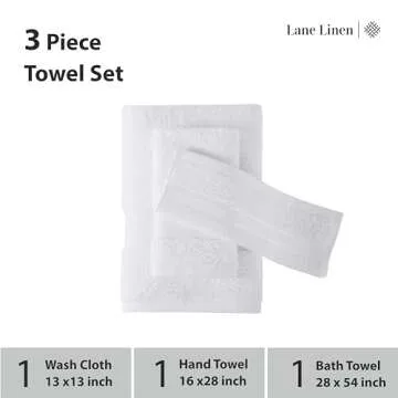 LANE LINEN Luxury Bath Towels Set - 3 Piece 100% Cotton Bathroom Towels, Quick Dry, Extra Aborbent, Super Soft Towels Set 1 Hand Towel, 1 Wash Cloths, 1 Bath Towel, White
