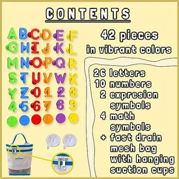 ALPHABATH Suction Bath Toys Alphabet Letters Numbers 42pcs Montessori Stimulating Autism Sensory No Mold Free Preschool Daycare Spelling Math Learn Build Connect Travel Kids Toddlers Ages 1 2 3 Years