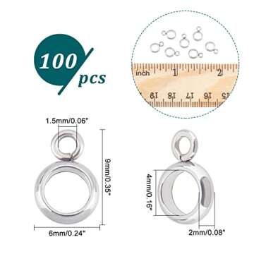 UNICRAFTALE 100pcs Column Bail Beads Stainless Steel Ring Hanger Links, Pendant Bails for Dangle Jewelry Making, 4mm Inner Diameter