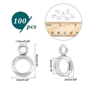 UNICRAFTALE 100pcs Column Bail Beads Stainless Steel Ring Hanger Links, Pendant Bails for Dangle Jewelry Making, 4mm Inner Diameter